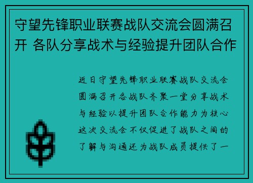 守望先锋职业联赛战队交流会圆满召开 各队分享战术与经验提升团队合作能力