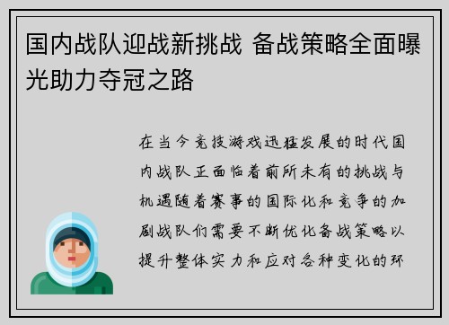 国内战队迎战新挑战 备战策略全面曝光助力夺冠之路