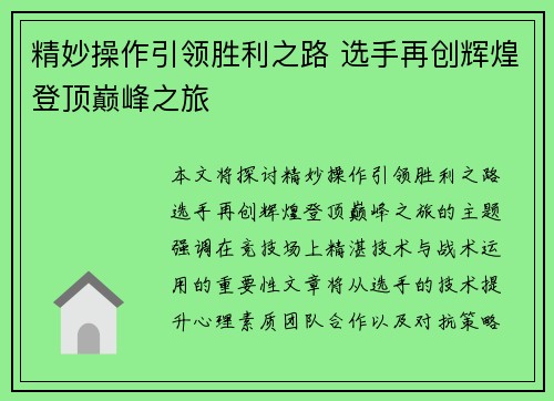 精妙操作引领胜利之路 选手再创辉煌登顶巅峰之旅