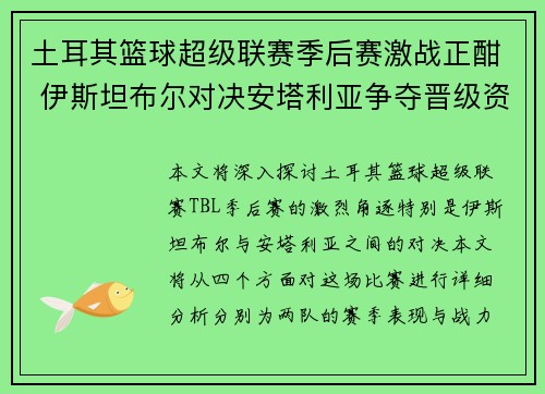 土耳其篮球超级联赛季后赛激战正酣 伊斯坦布尔对决安塔利亚争夺晋级资格