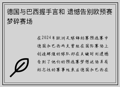德国与巴西握手言和 遗憾告别欧预赛梦碎赛场