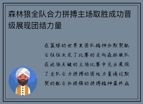 森林狼全队合力拼搏主场取胜成功晋级展现团结力量