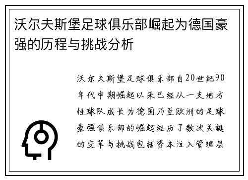沃尔夫斯堡足球俱乐部崛起为德国豪强的历程与挑战分析