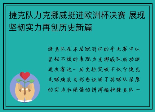 捷克队力克挪威挺进欧洲杯决赛 展现坚韧实力再创历史新篇