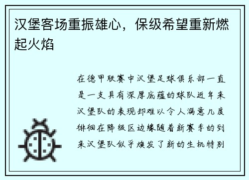汉堡客场重振雄心，保级希望重新燃起火焰