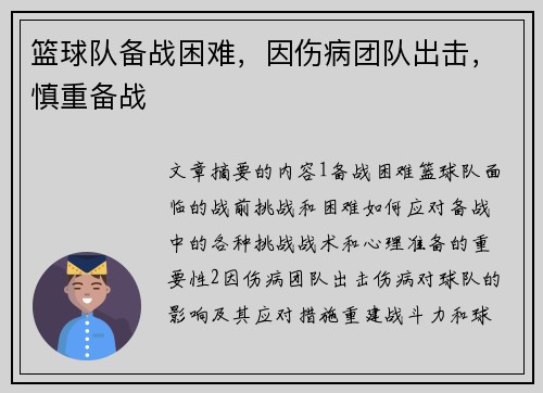 篮球队备战困难，因伤病团队出击，慎重备战