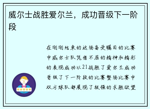 威尔士战胜爱尔兰，成功晋级下一阶段