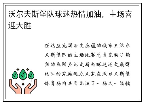沃尔夫斯堡队球迷热情加油，主场喜迎大胜