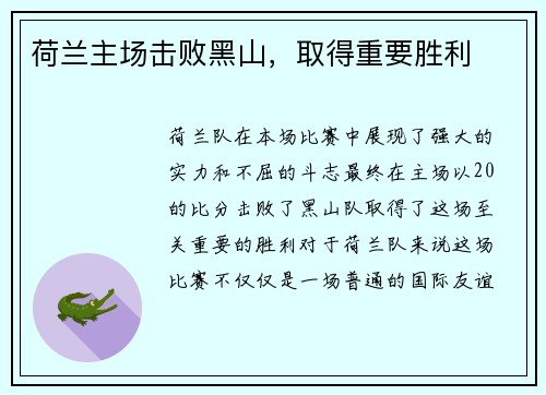 荷兰主场击败黑山，取得重要胜利