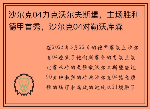 沙尔克04力克沃尔夫斯堡，主场胜利德甲首秀，沙尔克04对勒沃库森