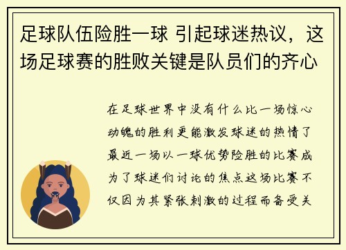 足球队伍险胜一球 引起球迷热议，这场足球赛的胜败关键是队员们的齐心协力