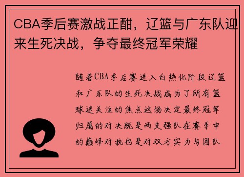CBA季后赛激战正酣，辽篮与广东队迎来生死决战，争夺最终冠军荣耀