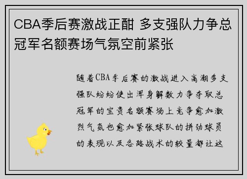 CBA季后赛激战正酣 多支强队力争总冠军名额赛场气氛空前紧张