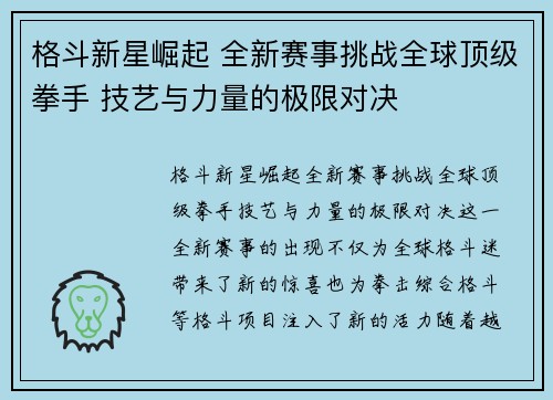 格斗新星崛起 全新赛事挑战全球顶级拳手 技艺与力量的极限对决