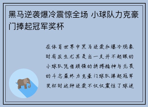 黑马逆袭爆冷震惊全场 小球队力克豪门捧起冠军奖杯