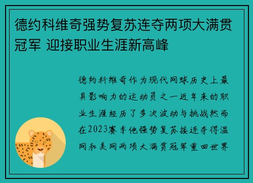 德约科维奇强势复苏连夺两项大满贯冠军 迎接职业生涯新高峰